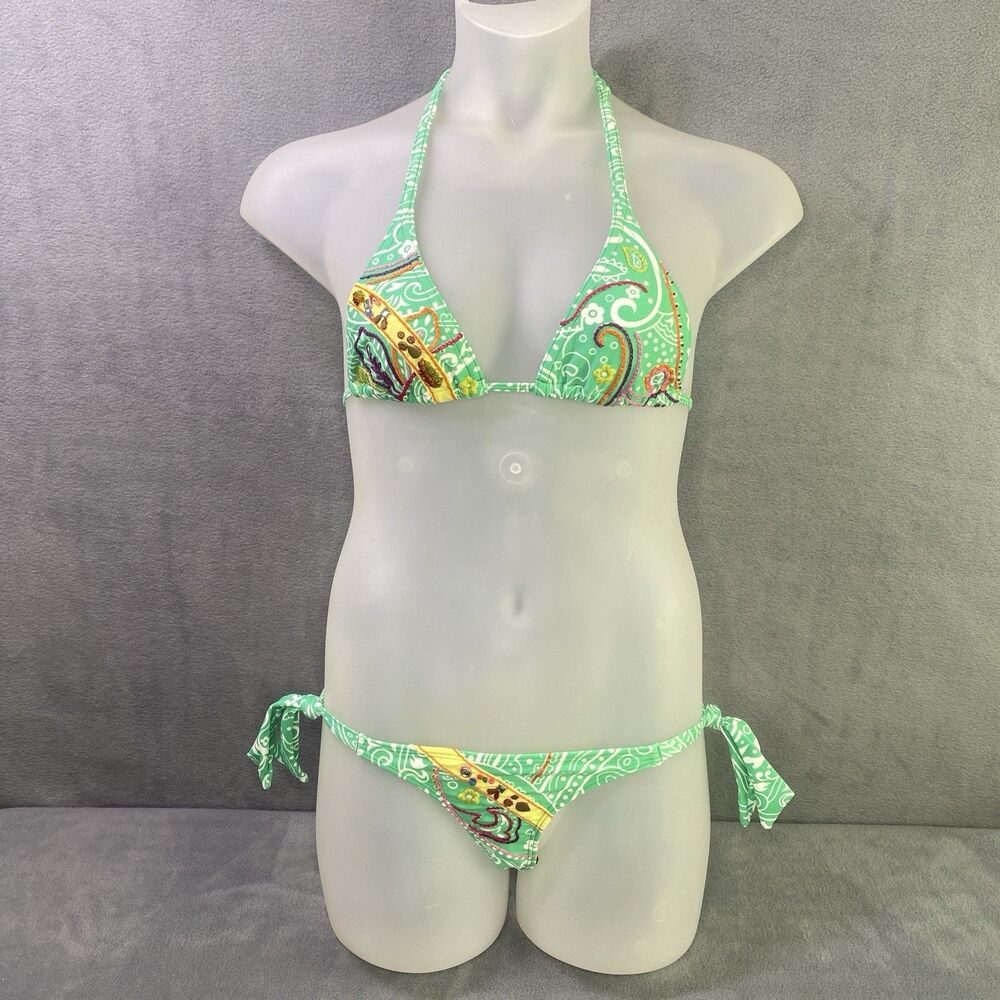 Cia.Maritima  2-pc Bikini Size M Green Bejeweled Hand Beaded Floral Brazilian